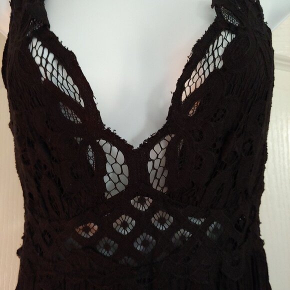 Free People Adella Maxi Slip Dress S Black Boho Crochet Lace Ruffle Tiered S - Picture 4 of 16